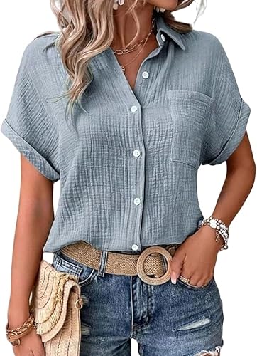 Bluse Damen elegant Kurzarm Sommer Tunika Leinenbluse Musselin Hemd Bluse Button-Down Leinenhemd Oberteile Oversized Hemdbluse Freizeit Tshirt Teenager Mädchen Frauen V-Ausschnitt Leinen Top von Generic