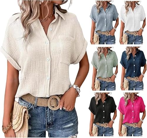 Bluse Damen elegant Kurzarm Sommer Tunika Leinenbluse Musselin Hemd Bluse Button-Down Leinenhemd Oberteile Oversized Hemdbluse Freizeit Tshirt Teenager Mädchen Frauen V-Ausschnitt Leinen Top von Generic