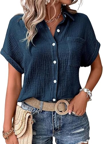 Bluse Damen elegant Kurzarm Sommer Tunika Leinenbluse Musselin Hemd Bluse Button-Down Leinenhemd Oberteile Oversized Hemdbluse Freizeit Tshirt Teenager Mädchen Frauen V-Ausschnitt Leinen Top von Generic