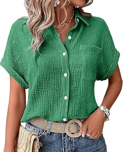 Bluse Damen elegant Kurzarm Sommer Tunika Leinenbluse Musselin Hemd Bluse Button-Down Leinenhemd Oberteile Oversized Hemdbluse Freizeit Tshirt Teenager Mädchen Frauen V-Ausschnitt Leinen Top von Generic