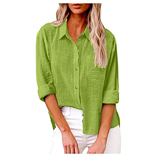 Bluse Leinen Damen, Lange Button Down Hemd 2024 Lässig Langärmelig Unifarben Gemustert Tasche Locker Workwear Tops, Grün, XL Bluse Leinen Damen, Lange Button Down Hemd 2024 Lässig Langärmelig Unifarben Gemustert Tasche Locker Workwear Tops, Grün, XL von Generic