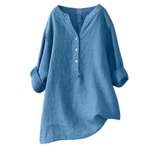 Bluse Mit Gummizug Lässige Große Größen Leinenbluse Damen Pullover Sommer Locker Atmungsaktive Festliche Blusen Damen Trachtenblusen Loose Damen Longshirt Sommer Steampunk Bluse Damen(4-Blue,4XL) von Generic