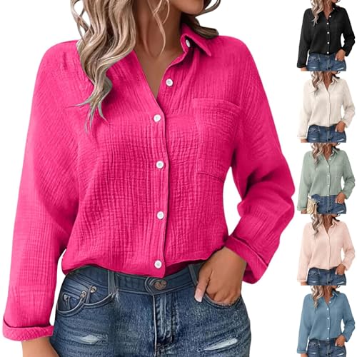 Bluse Musselin Damen Einfarbig Langarm Hemdbluse Sommer Button Down Oberteile Lässige Tunika Damenblusen Oversized T-Shirt Teenager Mädchen Leicht Freizeithemd Longbluse Blusenshirt von Generic