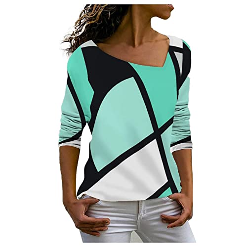 Bluse ärmellos Damen Oberteile Damen große größen Gestreiftes Drucken Unregelmäßiger V-Ausschnitt Lange Ärmel Schlupfhemd T-Shirt t-Shirt Pack (Cyan, XXL) von Generic