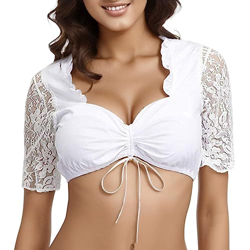 Bluse für Oktoberfest Push Up Elegante Damenbluse Damen Dirndlbluse Spitze Dirndl Bluse Weiß Dirndlbluse Kurzarm Elegante V-Ausschnitt Oktoberfest Trachten Bluse Dirndlblusen (7-White, M) von Generic