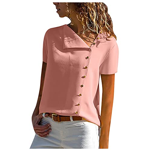 Blusen Damen Tshirt Damen Pullover T-Shirt Bluse Damen Elegant Top Oberteile Damen Sommer Vintage Ausgefallene Tshirts Damen Hemdbluse Batik V-Ausschnitt KnöPfen Asymmetrisch Bedrucktes Kurzarm Hemd von Generic