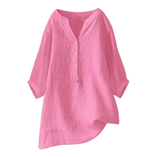 Blusen Tuniken Für Damen Sommer Musselin Bluse Leinenbluse V-Ausschnitt Button-Down Hemdbluse Elegant Einfarbig Blusenshirt Longbluse Oversized Blusehemd mit Taschen von Generic