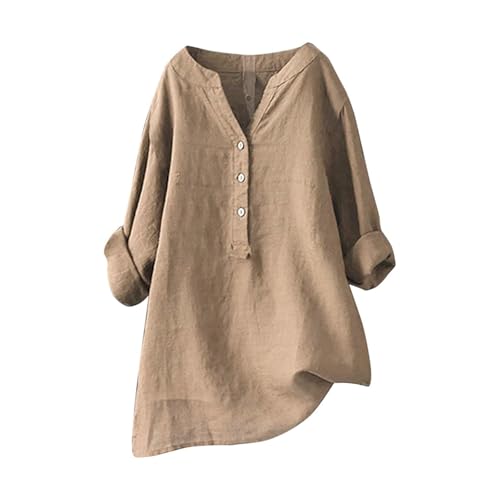 Blusen Tuniken für Damen Leinen Langarmshirt Button Down V Ausschnitt Tunika Shirt Musselin Bluse Casual Große Größen Longbluse,Beige,3XL von Generic