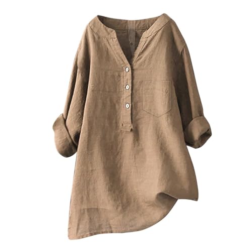Blusen Tuniken für Damen Leinen Langarmshirt Button Down V Ausschnitt Tunika Shirt Musselin Bluse Casual Große Größen Longbluse,Beige,3XL von Generic