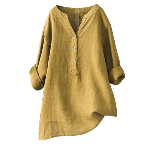 Blusen Tuniken für Damen Leinen Langarmshirt Button Down V Ausschnitt Tunika Shirt Musselin Bluse Casual Große Größen Longbluse,Gelb,3XL von Generic
