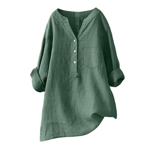Blusen Tuniken für Damen Leinen Langarmshirt Button Down V Ausschnitt Tunika Shirt Musselin Bluse Casual Große Größen Longbluse,Grün,3XL von Generic