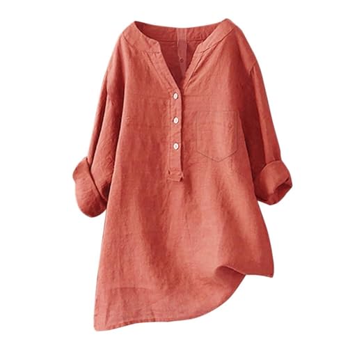 Blusen Tuniken für Damen Leinen Langarmshirt Button Down V Ausschnitt Tunika Shirt Musselin Bluse Casual Große Größen Longbluse,Orange,3XL von Generic