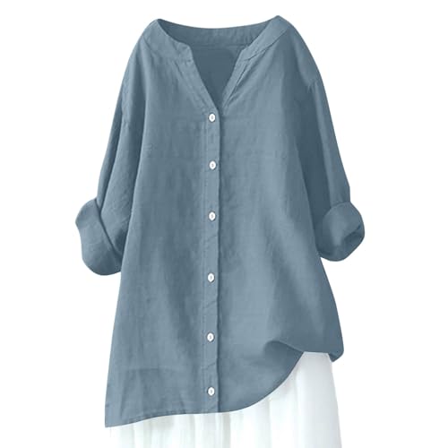 Blusen Tuniken für Damen Leinen Langarmshirt Musselin Bluse Casual Oberteile Große Größen Tops Elegante Blusenshirt Lang V Ausschnitt Tunika Shirt Freizeithemd Longbluse Oversized Longbluse von Generic