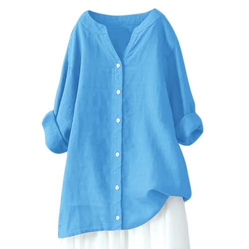 Blusen Tuniken für Damen Leinen Langarmshirt Musselin Bluse Casual Oberteile Große Größen Tops Elegante Blusenshirt Lang V Ausschnitt Tunika Shirt Freizeithemd Longbluse Oversized Longbluse von Generic