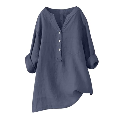 Blusen Tuniken für Damen Leinen Langarmshirt Musselin Bluse Casual Oberteile Große Größen Tops Elegante Button-Down V Ausschnitt Tunika Shirt,Blau,M von Generic
