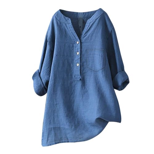Blusen Tuniken für Damen Leinen Langarmshirt Musselin Bluse Casual Oberteile Große Größen Tops Elegante Button-Down V Ausschnitt Tunika Shirt,Blau,XXL von Generic