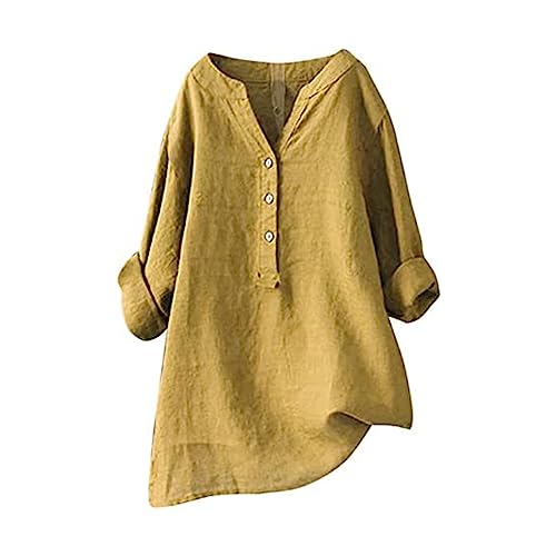 Blusen Tuniken für Damen Leinen Langarmshirt Musselin Bluse Casual Oberteile Große Größen Tops Elegante Button-Down V Ausschnitt Tunika Shirt,Gelb,XXL von Generic