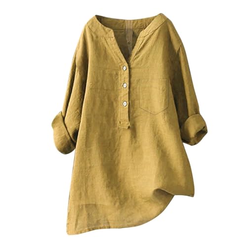 Blusen Tuniken für Damen Leinen Langarmshirt Musselin Bluse Casual Oberteile Große Größen Tops Elegante Button-Down V Ausschnitt Tunika Shirt,Gelb,XXL Blusen Tuniken für Damen Leinen Langarmshirt Musselin Bluse Casual Oberteile Große Größen Tops Elegante Button-Down V Ausschnitt Tunika Shirt,Gelb,XXL von Generic
