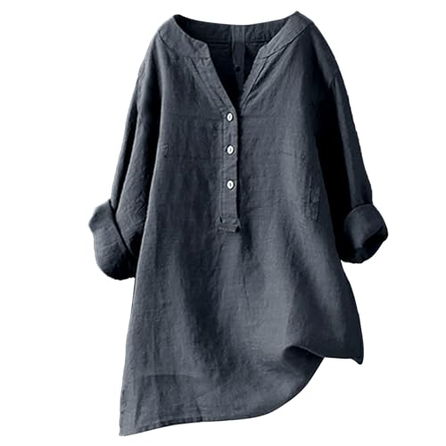 Blusen Tuniken für Damen Leinen Langarmshirt Musselin Bluse Casual Oberteile Große Größen Tops Elegante Button-Down V Ausschnitt Tunika Shirt,Grau,M von Generic