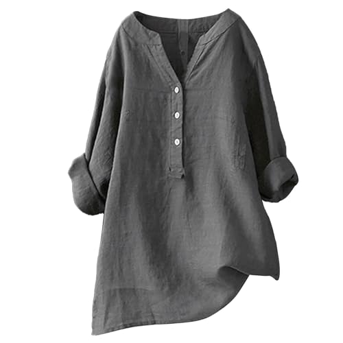 Blusen Tuniken für Damen Leinen Langarmshirt Musselin Bluse Casual Oberteile Große Größen Tops Elegante Button-Down V Ausschnitt Tunika Shirt,Grau,XXL von Generic