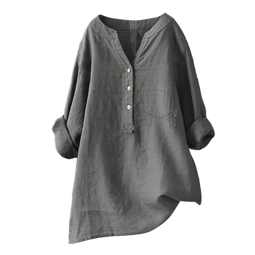 Blusen Tuniken für Damen Leinen Langarmshirt Musselin Bluse Casual Oberteile Große Größen Tops Elegante Button-Down V Ausschnitt Tunika Shirt,Grau,XXL von Generic