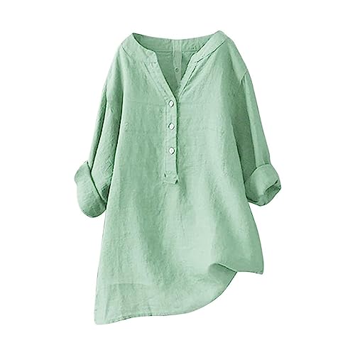 Blusen Tuniken für Damen Leinen Langarmshirt Musselin Bluse Casual Oberteile Große Größen Tops Elegante Button-Down V Ausschnitt Tunika Shirt,Grün,M von Generic
