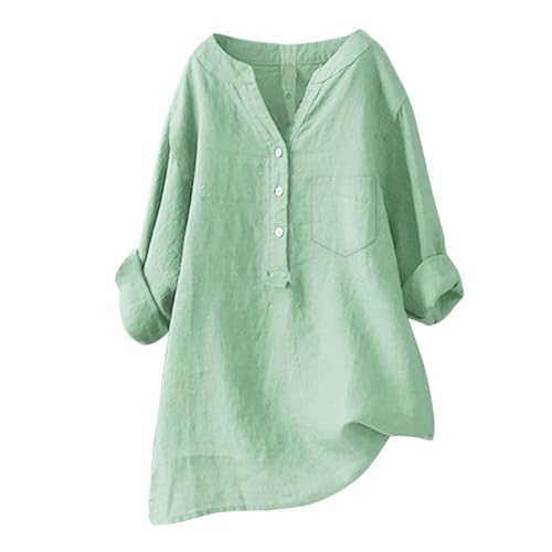 Blusen Tuniken für Damen Leinen Langarmshirt Musselin Bluse Casual Oberteile Große Größen Tops Elegante Button-Down V Ausschnitt Tunika Shirt,Grün,XXL von Generic