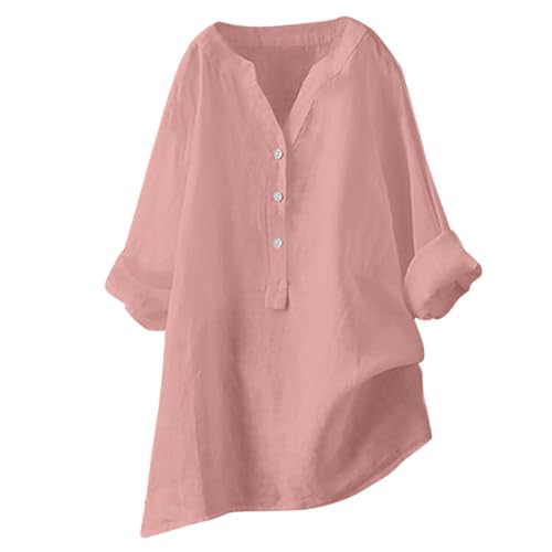 Blusen Tuniken für Damen Leinen Langarmshirt Musselin Bluse Casual Oberteile Große Größen Tops Elegante Button-Down V Ausschnitt Tunika Shirt,Pink,XXL von Generic