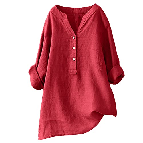 Blusen Tuniken für Damen Leinen Langarmshirt Musselin Bluse Casual Oberteile Große Größen Tops Elegante Button-Down V Ausschnitt Tunika Shirt,Rot,XXL von Generic