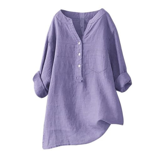 Blusen Tuniken für Damen Leinen Langarmshirt Musselin Bluse Casual Oberteile Große Größen Tops Elegante Button-Down V Ausschnitt Tunika Shirt,Violett,M von Generic