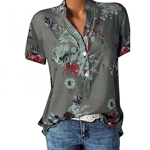 Blusen & Tuniken für Damen Bluse Kurzarm V-Ausschnitt Hemdbluse Sommer Shirt Blumen Knopfleiste Tunika Tops Oversize Locker Oberteil Longshirt Hemd (Grau, M) von Generic