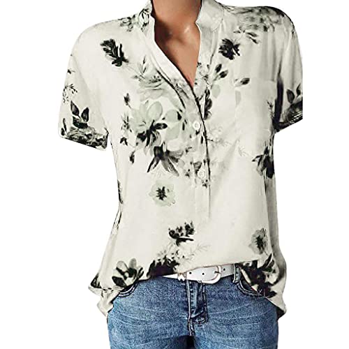 Blusen & Tuniken für Damen Bluse Kurzarm V-Ausschnitt Hemdbluse Sommer Shirt Blumen Knopfleiste Tunika Tops Oversize Locker Oberteil Longshirt Hemd (Weiß, 3XL) von Generic