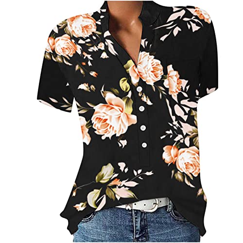 Blusen & Tuniken für Damen Bluse Kurzarm V-Ausschnitt Hemdbluse Sommer Shirt Blumen Knopfleiste Tunika Tops Oversize Locker Oberteil Longshirt Hemd von Generic