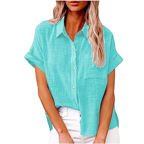 Blusen & Tuniken für Damen Leinenbluse Damen Musselin Bluse Revers Einreihiges Shirt Langarm/Kurzarm Hemd Einfarbig Regular Fit Tops Große Größen Leinenhemd Baumwolle Leinen Oberteile Sommer T-Shirt von Generic
