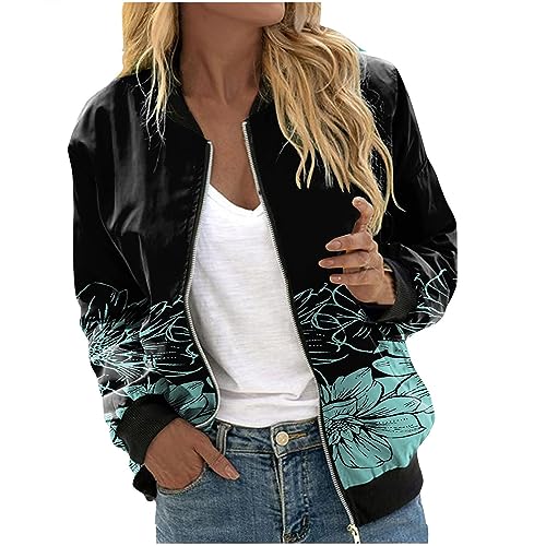 Blusenjacke Damen Sommer,Blouson Jacke Damen Sommer,Bomberjacke Damen Kurze Blouson Jacke Casual Pilotenjacke Langarm Outwear Zip Up Solid Leichte Coat Bequeme Sweatjacke,blau,XL von Generic