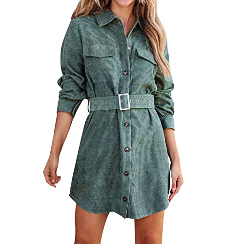 Blusenkleid Damen Corduroy Langarm Hemdkleid mit Gürtel, Minilänge Cordkleid mit Tasche und Knopfleiste Casual von Generic