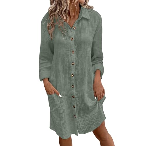Blusenkleid Damen Lang Knopfleiste Musselin Kleid Mit Taschen V-Ausschnitt Hemdblusenkleid Einfarbig T-Shirt Kleider Knielang Sommerkleider Leicht Leinenkleid Locker Freizeitkleid von Generic