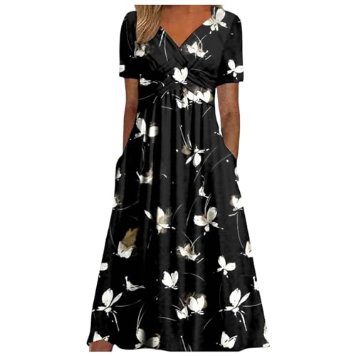 Blusenkleid Damen Lang Maxikleid V-Ausschnitt Kurzarm A-Linie Sommerkleid Kreuzen T-Shirt Kleider Hohe Taille Tunika Freizeitkleid mit Tasche Elegant Hemdkleid Blusenkleid von Generic