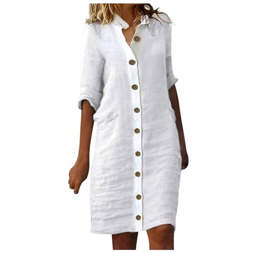 Blusenkleid Damen Leinenkleid Sommer mit Knopfleiste Kurzarm V-Ausschnitt Sommerkleid Damen Knielang Leinenkleider Baumwolle Leinen Kleider Casual Freizeitkleid Strandkleider Boho Kleid A-Linie Kleid von Generic