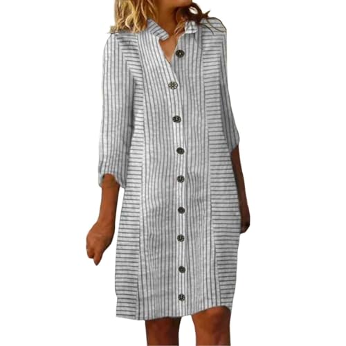 Blusenkleid Damen Leinenkleid Sommer mit Knopfleiste Kurzarm V-Ausschnitt Sommerkleid Damen Knielang Leinenkleider Baumwolle Leinen Kleider Casual Freizeitkleid Strandkleider Boho Kleid A-Linie Kleid von Generic