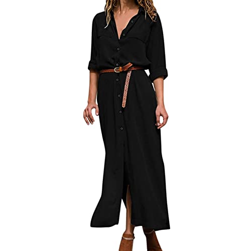 Blusenkleider Frauen lässige Feste Kleidung Knopf Lange Hemdkleid Langarm-Revers Elegante lässige Lange Kleidung Lange Gürtel Kleider Damen Sommerkleid (01 Schwarz, XXL) von Generic
