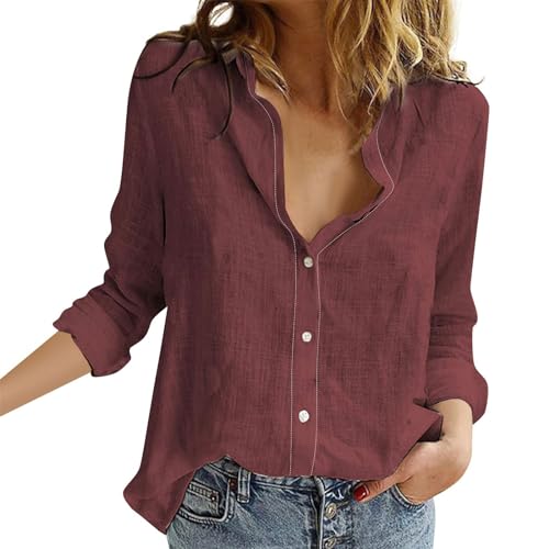 Blusenshirt Damen Bluse Baumwolle Leinen Blusen Button Down Langarm Hemdbluse Casual Tops Oberteile Tunika Große Größen Kleidung Italienische Mode von Generic
