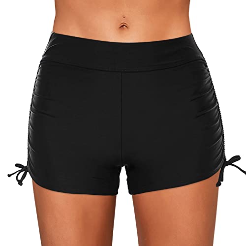 Boardshorts für Damen Bauchweg Badeshorts Schwimmshorts Basic Damen Bikinihose mit hoher Taille, Badehose, Strandshorts, Bikinihose, Tankini-Shorts, Bademode, Strand (A-Black, M) von Generic