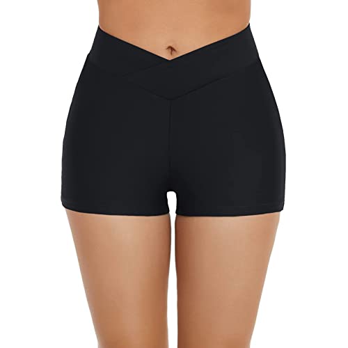 Boardshorts für Damen Bauchweg Badeshorts Schwimmshorts Basic Damen Bikinihose mit hoher Taille, Badehose, Strandshorts, Bikinihose, Tankini-Shorts, Bademode, Strand (B-Black, L) von Generic