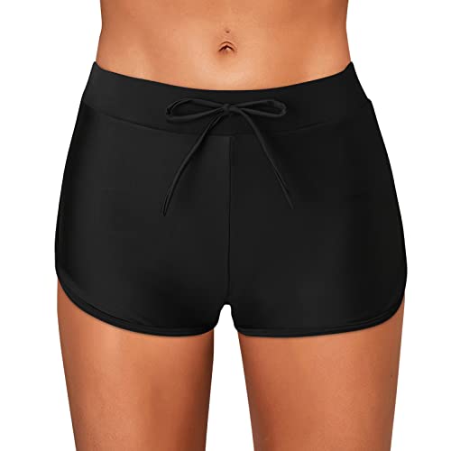 Boardshorts für Damen Bauchweg Badeshorts Schwimmshorts Basic Damen Bikinihose mit hoher Taille, Badehose, Strandshorts, Bikinihose, Tankini-Shorts, Bademode, Strand (Y-Black, M) von Generic