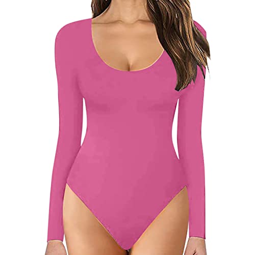 Body Damen Langarm Damenbody Sexy Elegant Bodysuit Tops Unterziehbody Langarmbody für Frauen (Hot Pink, XL) von Generic