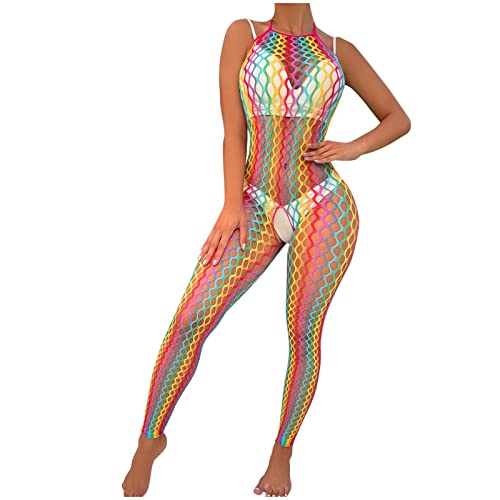 Bodystocking - Multicolor Fishnet Rainbow Regenbogen Damen Bodystocking Sexy Dessous für Frauen Body mit offenem Schritt Ganzkörper-Fischnetzstrümpfe Spitzen Strandkleid Damen von Generic