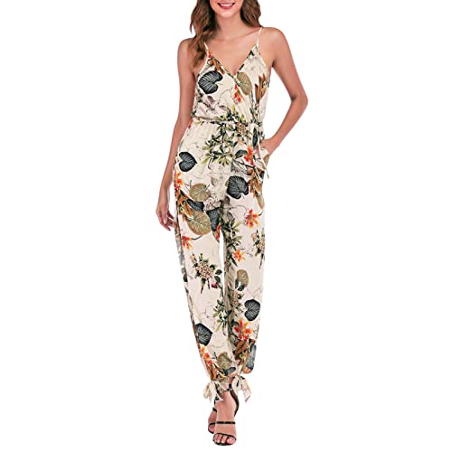 Bodysuit Ärmellos Spitze Jumpsuit Sexy Overalls Damen Sommer Top Sexy Damen-Overall mit V-Ausschnitt, Spaghetti-Trägern, Kordelzug und Taschen Elegante Kleider Damen Jumpsuits (Beige, XL) von Generic