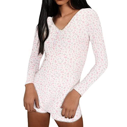 Bodysuit Damen Langarm Jumpsuit mit Blumendruck Y2k Langärmeliger Einteiler Bodysuit V-Ausschnitt Bodycon Shorts Dehnbarer Pyjama Onesie Strampler 90er E-Girl Y2K Style (01 Weiß, L) von Generic