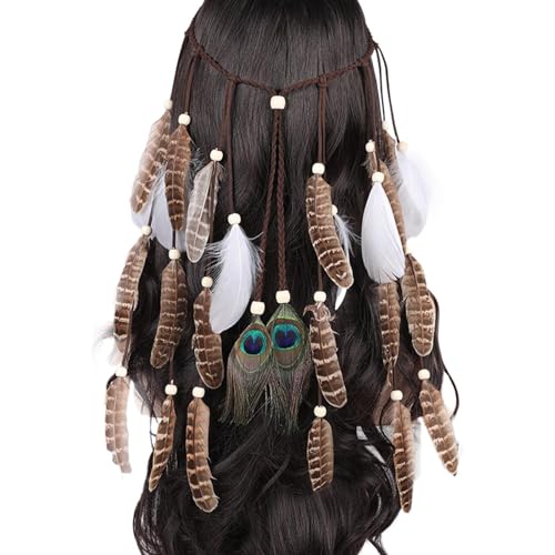 Böhmische Pfau Feder Kopfschmuck Stirnband Damen Hippie Boho Stirnbänder Headwear Weben Frau Mädchen Lieblings Haarschmuck Karneval Kostüm Kopfschmuck Stirnband (White, One Size) von Generic